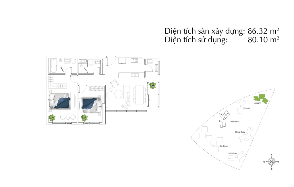 Floor plan 2PN Canary 2C đại diện tại Diamond Island