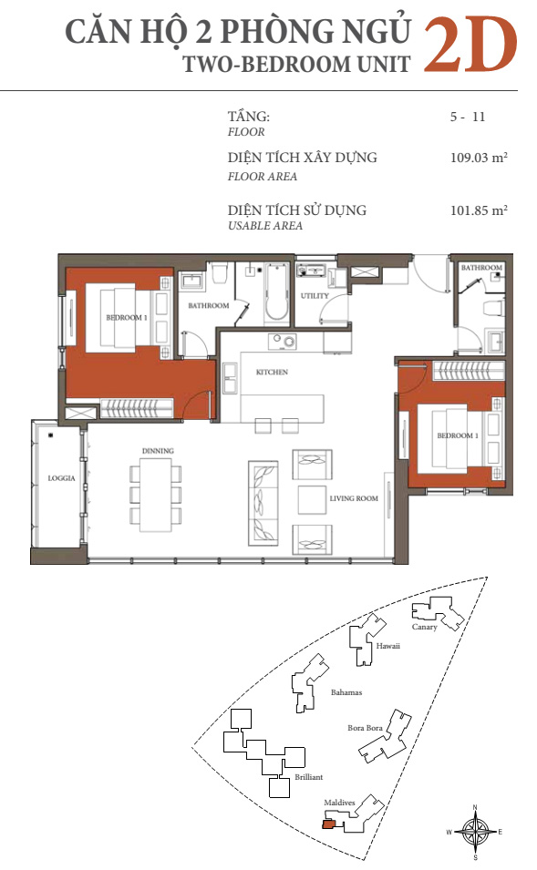 Floor plan 2PN Maldives 2A đại diện tại Diamond Island