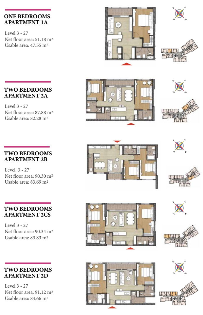 Các floor plan 2PN Bora Bora 2A đến 2D đại diện tại Diamond Island