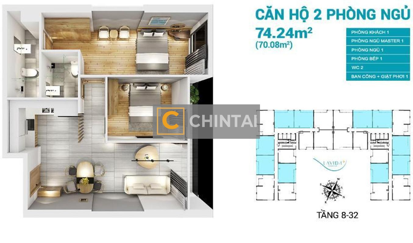 Căn hộ Lavida Plus hướng ban công đông bắc không có nội thất diện tích 74m²