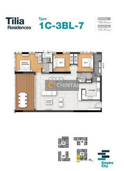 Căn hộ hạng sang Empire City tầng 3 thiết kế 3 phòng ngủ, nội thất cơ bản.