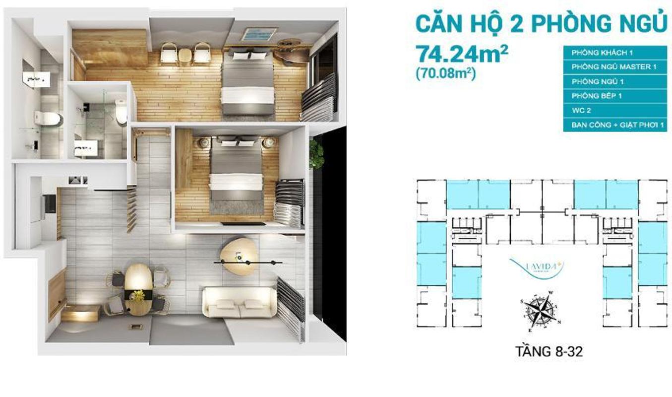 Căn hộ Lavida Plus hướng ban công đông bắc không có nội thất diện tích 74m²